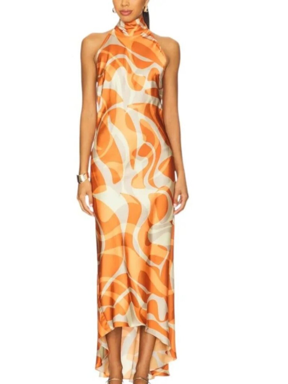 NWT Womens MISA Los Angeles Fiore (Item-202) Orange Cream Abstract Satin Dress S